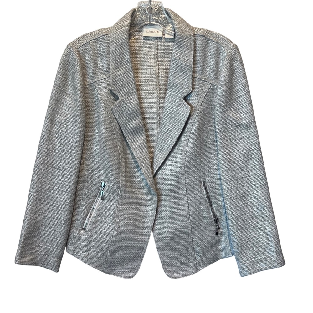 Chicos Neutral Tweed‎ Blazer Open Front Zip Pocket Jacket Size Small